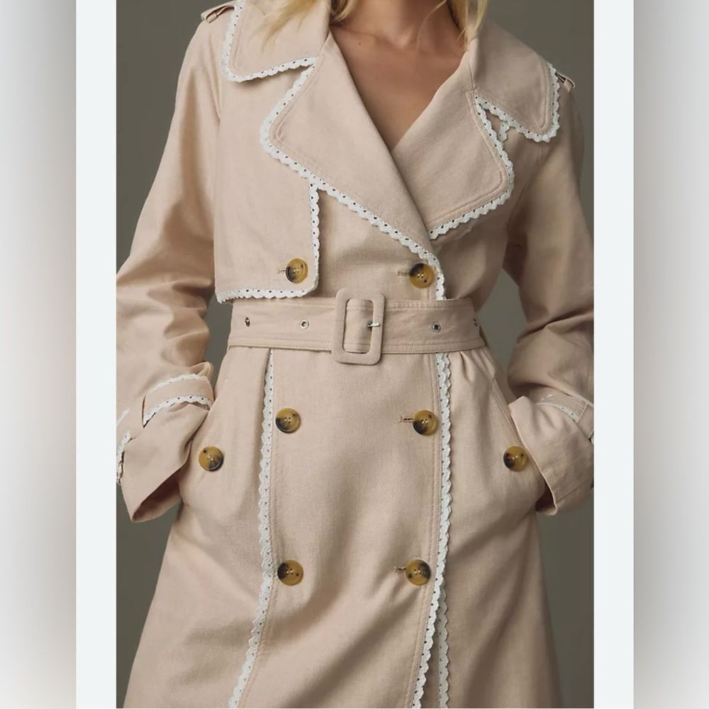 Avec Les Filles Anthropologie Rickrack Trench coat Beige Small Cotton Linen Lace